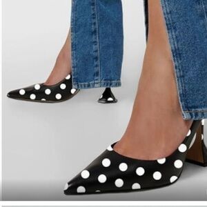 YDN Black White Polka Dot Pointed Toe Slingback Heels
